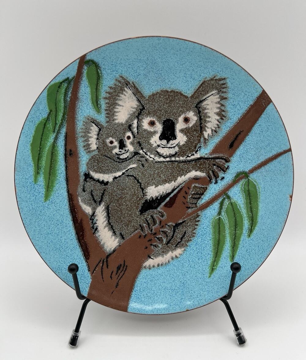 Annemarie Davidson Enamel on Copper Plate Blue w Koala Bears 7.5” Vintage Signed